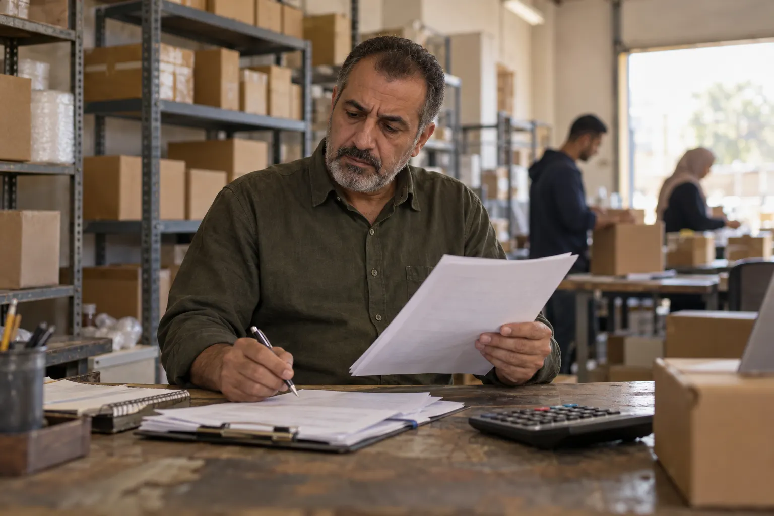 Store owner reviewing a printed report in his warehouse office while staff pack orders